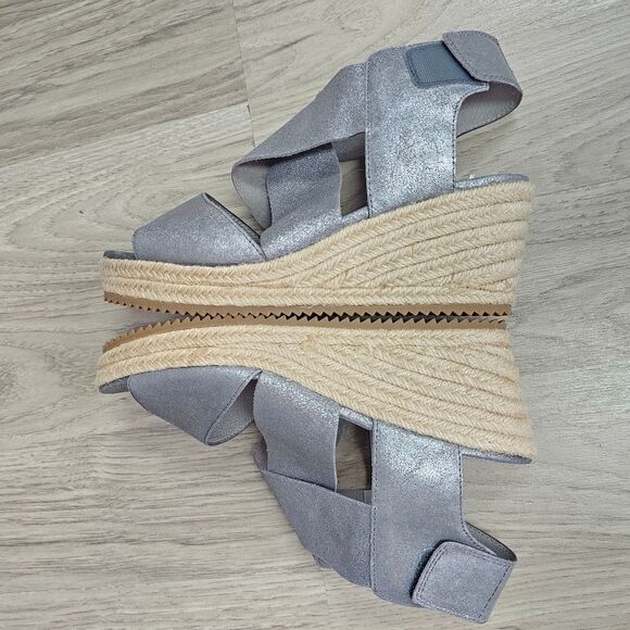 EILEEN FISHER 'willow' Espadrille Wedge Sandal In Pewter Metallic Suede Platform - Picture 5 of 8